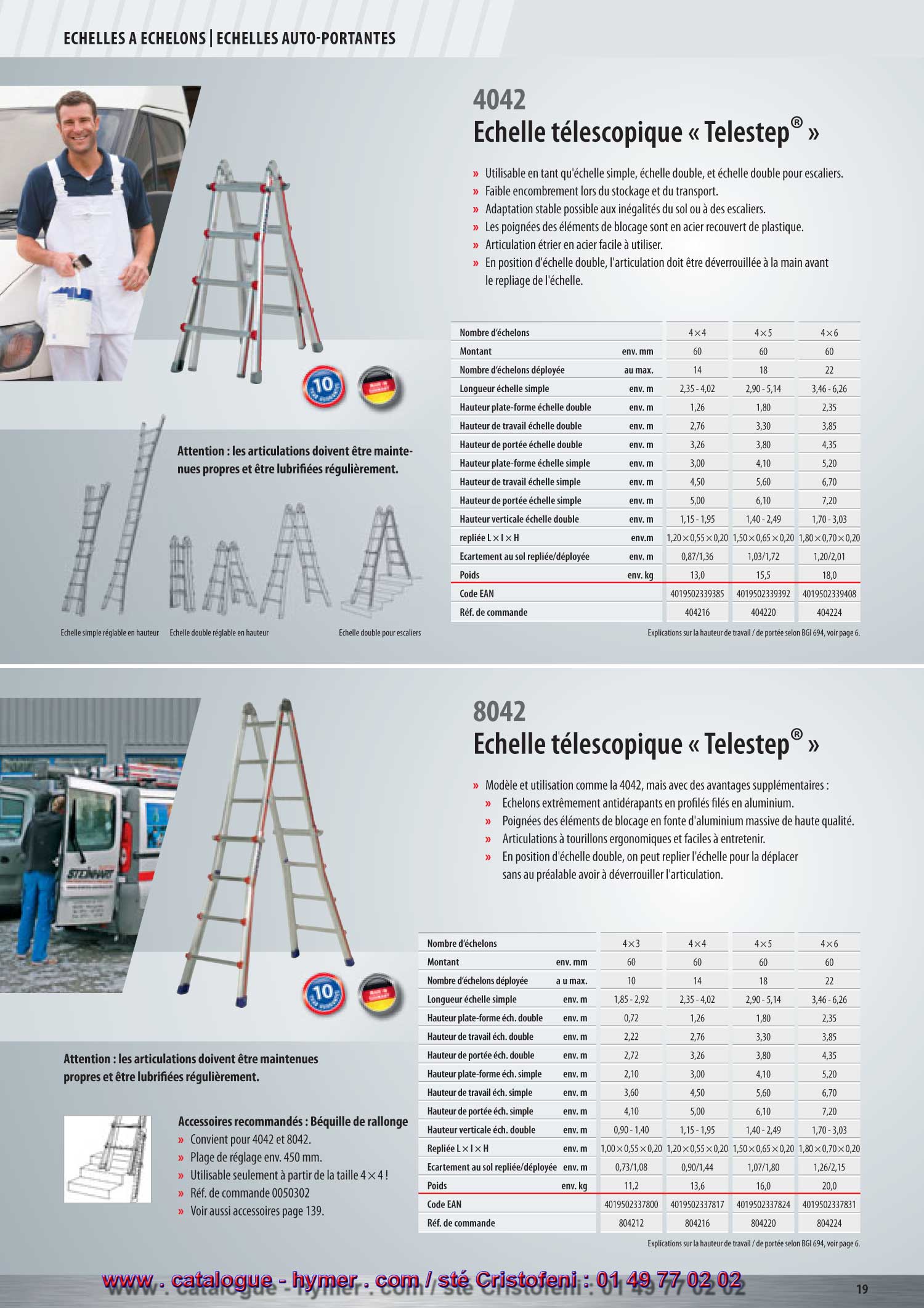  page N° 19 
Échelle à usage multiple 

– Échelle à usage multiple à utilisation universelle avec six articulations de sécurité 
qui se bloquent automatiquement à chaque position. 
– Pour une utilisation comme échelle double, échelle simple, et plate-forme de 
travail sur sol horizontal et escaliers (avec planche pour 4x3). 
– Échelons en profilés laminés. 
– Sabots de l'échelle pressés avec le montant, arrondis en matière plastique 
haut de gamme très stable. 
Attention : Comme plate-forme, à utiliser uniquement avec planche en bois ! 


Articulation autobloquante 
en acier pour une 
utilisation sûre, rapide 
et sans danger de se 
coincer. 

Accessoires recommandés : 

4043 
5 ans de garantie ! 
Plate-forme pour 4043 

Réf. de commande 0079639 
Voir également les accessoires page 159. 


* * 
Vous trouverez d‘autres accessoires à partir de 
la page 152. 
* à partir de la taille 4x4, ne peut pas être utilisée comme plate-forme de travail 
S 


Nombre d‘échelons 4x3 4x4 4x5 
Montant env. mm 6060 60 
Hauteur échelle simple env. m 3,47 4,59 5,71 
Haut. verticale échelle double env. m 1,70 2,25 2,70 
Plate-forme de travail l x h env. m 1,70 x 0,90 non autorisé non autorisé 
Haut. de plate-forme écu double env. m 1,15 1,70 2,25 
Haut. de travail échelle double env. m 2,65 3,20 3,75 
Haut. de portée échelle double env. m 3,15 3,70 4,25 
Haut. de plate-forme écu simple env. m 2,50 3,60 4,70 
Haut. de travail échelle simple env. m 4,00 5,10 6,20 
Haut. de portée échelle simple env. m 4,50 5,60 6,70 
Repliée long. x larg. x haut. env. m 0,90 x 0,70 x 0,30 1,20 x 0,80 x 0,30 1,50 x 1,00 x 0,30 
Poids env. kg 12,4 14,6 16,8 
Code EAN 4019502339354 4019502339361 4019502339378 
Réf. de commande 404312 404316 404320